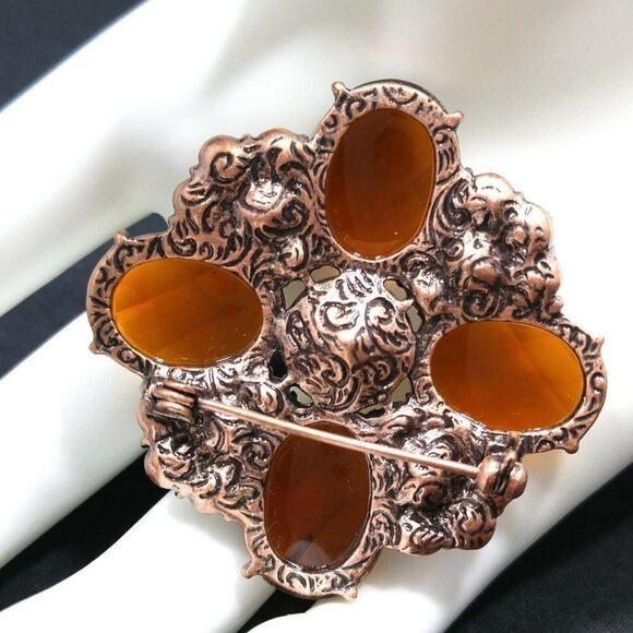 Vintage Flower Rhinestone Brooch, Topaz Faceted Glass Stones, 1990s, 1 7/8 Inch - Picture 2 of 8
